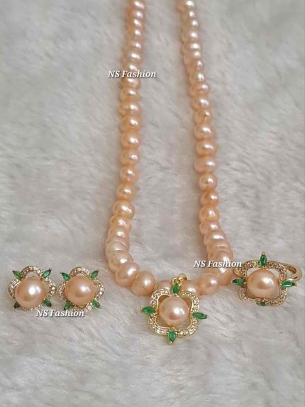 Green Stone With Pink Color Original Pearl Necklace Set