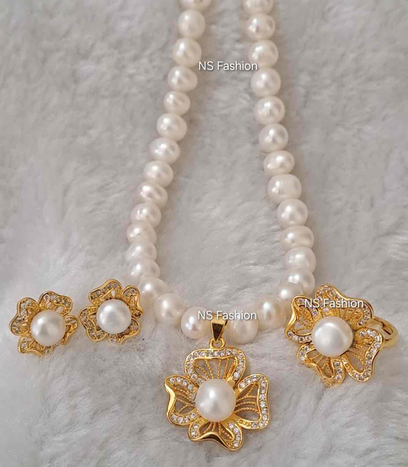 hibiscus-flower-design-original-white-color-pearl-necklace-set Hibiscus Flower Design Original White Color Pearl Necklace Set - Image 1
