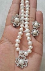 Hibiscus Flower Design Original White Color Pearl With Silver Metal Necklace Set - Image 2