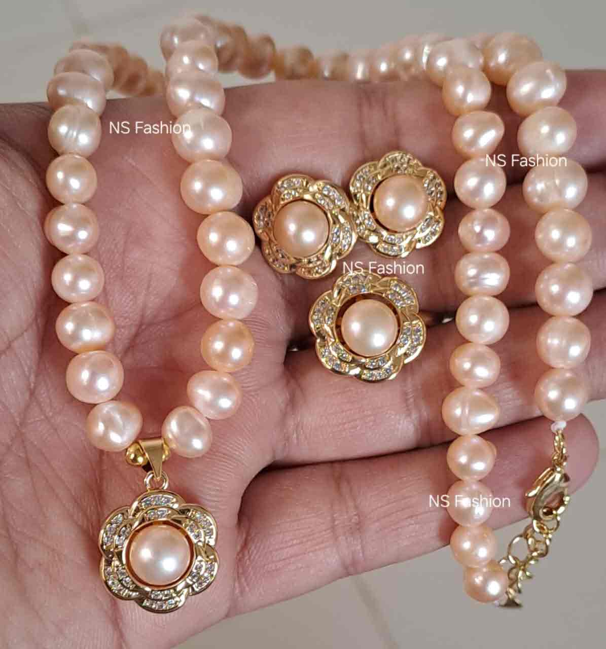 pink-color-original-pearl-necklace-set Camellia Flower Design Pink Color Original Pearl Necklace Set - Image 1