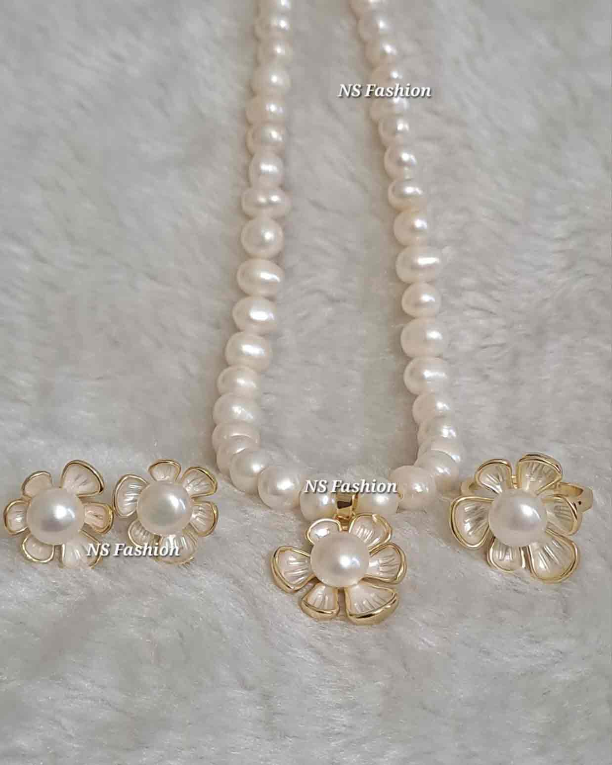 shefali-flower-white-color-original-pearl-necklace-set Shefali Flower Design White Color Original Pearl Necklace Set - Image 1