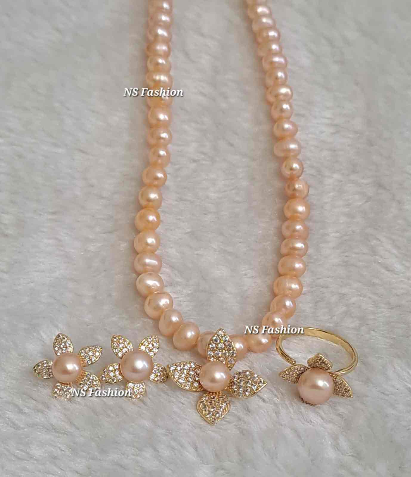 shiuli-flower-design-pink-color-original-pearl-necklace-set Shiuli Flower Design Pink Color Original Pearl Necklace Set - Image 1