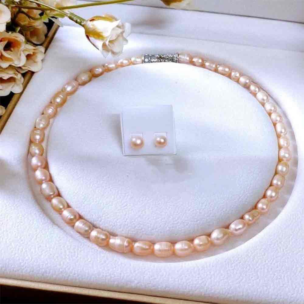 pink-color-genuine-rice-pearl-necklace-with-top-earring Pink Color Genuine Rice Pearl Necklace with Top Earring - Image 1