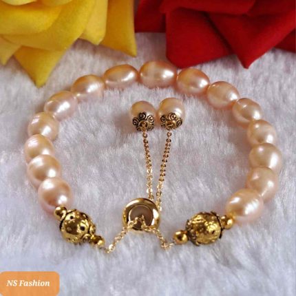 Pink Color Rice Pearl Golden Metal Adjustable Bracelet