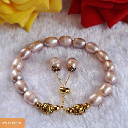 Purple Color Rice Pearl Golden Metal Adjustable Bracelet
