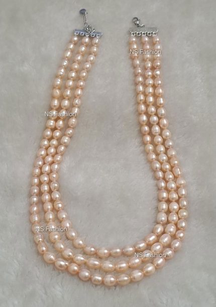 3 Layer Pink Color Rice Pearl Necklace