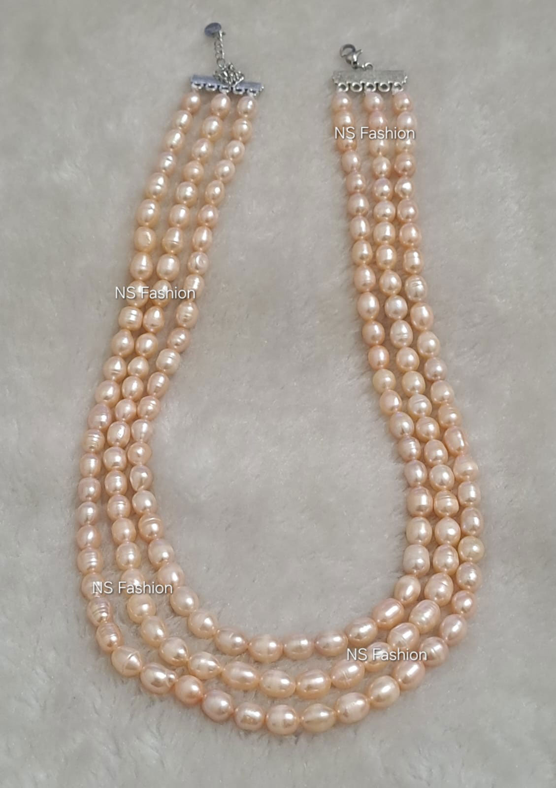 3-layer-pink-color-rice-pearl-necklace 3 Layer Pink Color Rice Pearl Necklace - Image 1