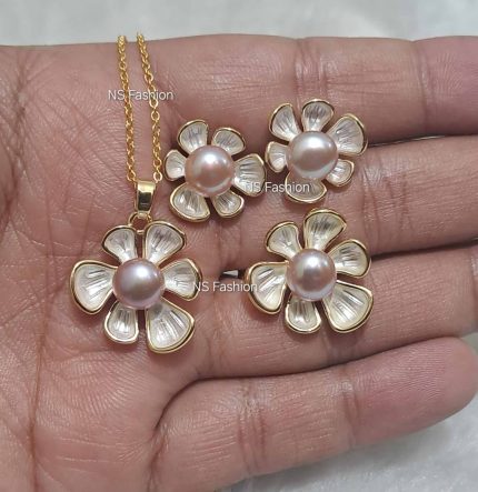 Shefali Flower Design Purple Color Pearl Pendant Set