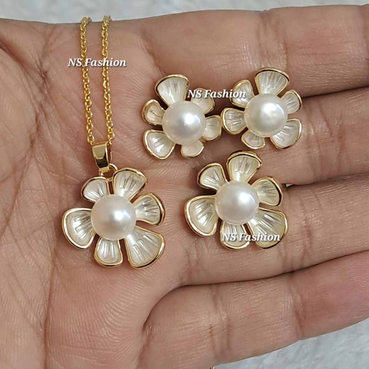 Pink color Shefali flower Pendant set white Shefali Flower Original White Color Pearl Pendant Set - Image 1