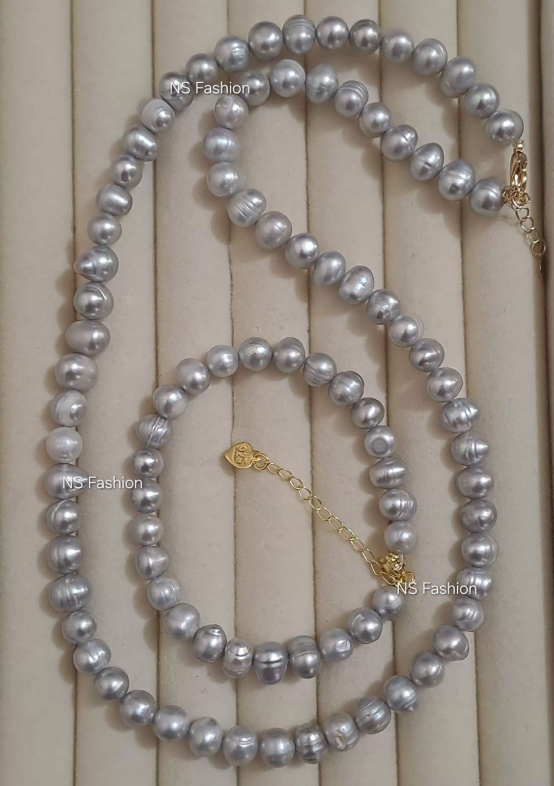 gray-color-necklace-with-bracelet Gray Color Pearl Bracelet with Necklace Set - Image 1