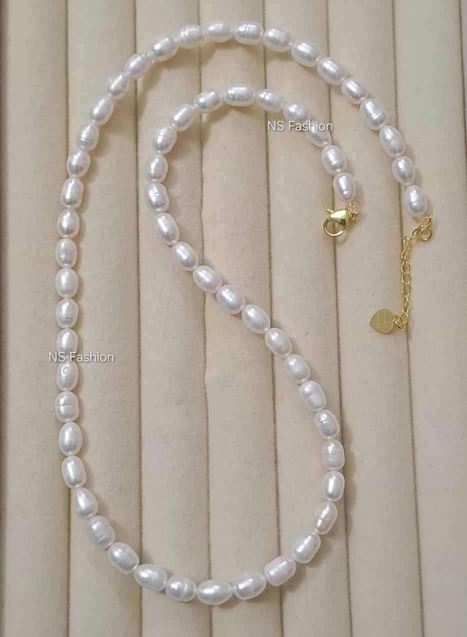 white-color-genuine-rice-pearl -necklace 6 mm White Color Genuine Rice Pearl Necklace - Image 1