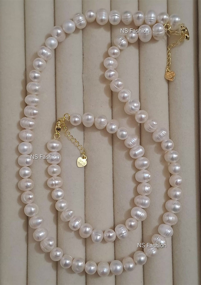 white-color-necklace-with-bracelet 100% Original White Color Pearl Bracelet with Necklace Set - Image 1