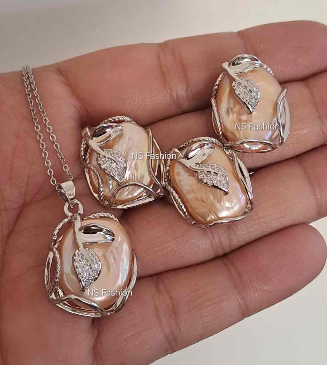 Silver-metal-pink-color-mother-pearl-set Silver Metal Pink Color Pearl Pendant Set - Image 1