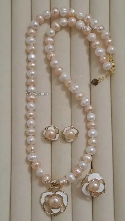 100% Original White & Pink Color Pearl Necklace Set