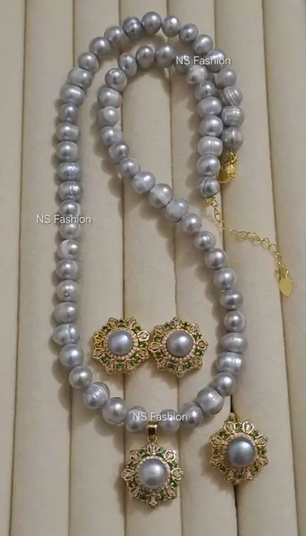 100% Original Gray Imperial Emerald Pearl Necklace Set