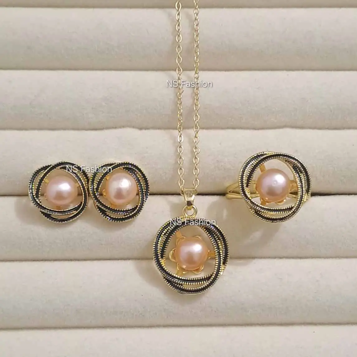 dual-halo-pink-pearl-swirl-set Dual Halo Pink Pearl Pendant Set - Image 1
