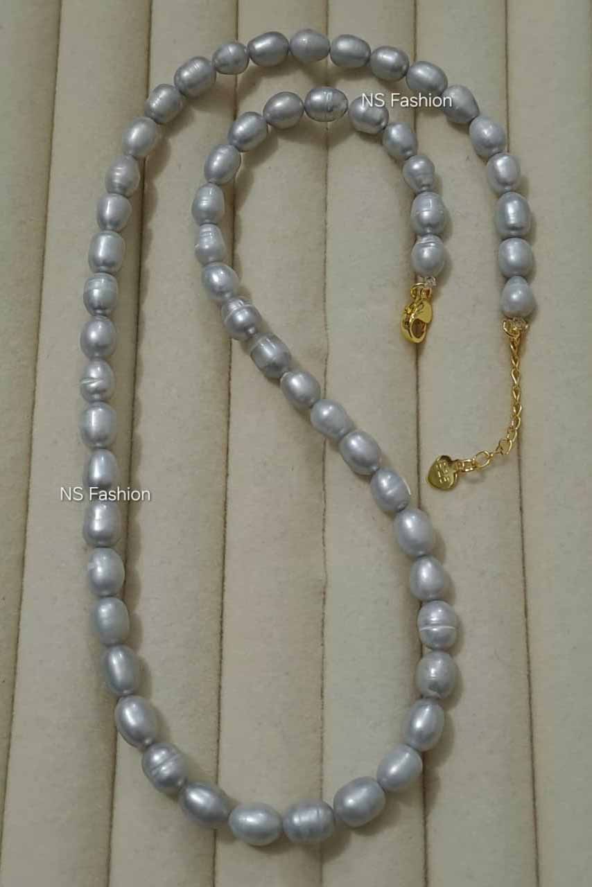 gray-color-genuine-rice-pearl-necklace 6 mm Gray Color Genuine Rice Pearl Necklace - Image 1