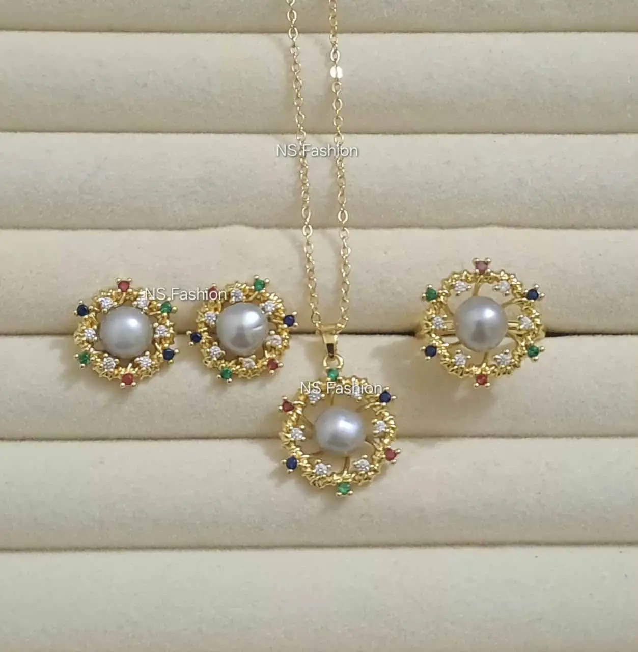 imperial-multi-stone-&-gray-pearl-set Imperial Multi Color Stone & Gray Pearl Pendant Set - Image 1