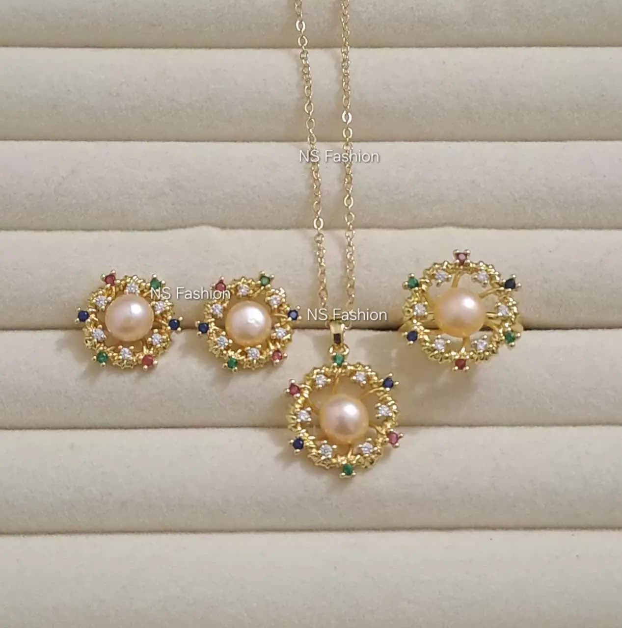 imperial-multi-stone-&-pink-pearl-set Imperial Multi Color Stone & Pink Pearl Pendant Set - Image 1