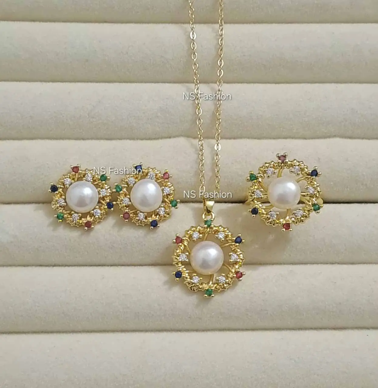 imperial-multi-stone-&-white-pearl-set Imperial Multi Color Stone & White Pearl Pendant Set - Image 1