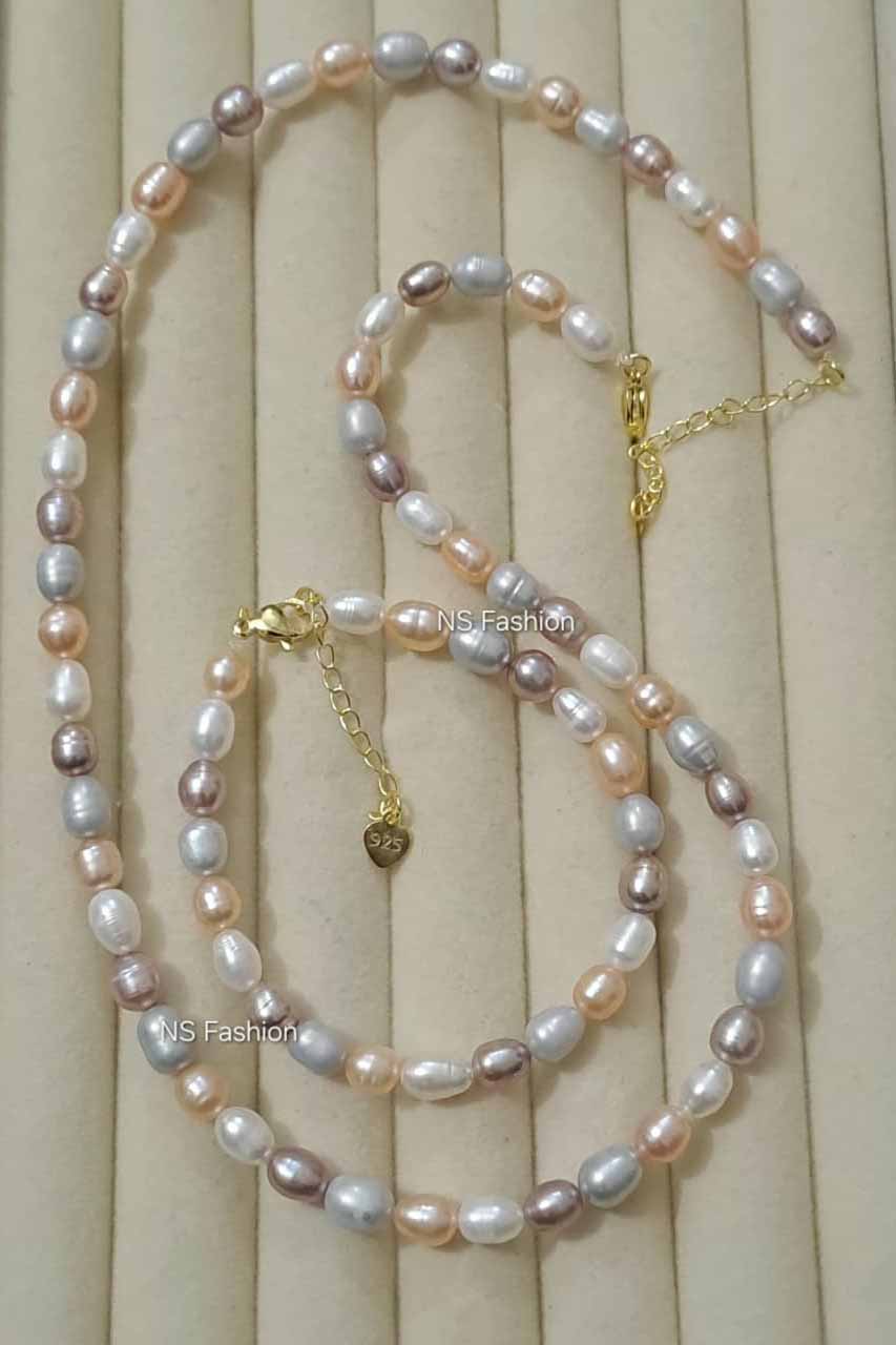 multi-color-genuine-rice-pearl -necklace-with-bracelet 6 mm Multi Color Genuine Rice Pearl Necklace with Bracelet - Image 1