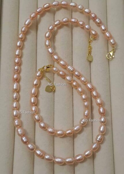 6 mm Pink Color Genuine Rice Pearl Necklace with Bracelet
