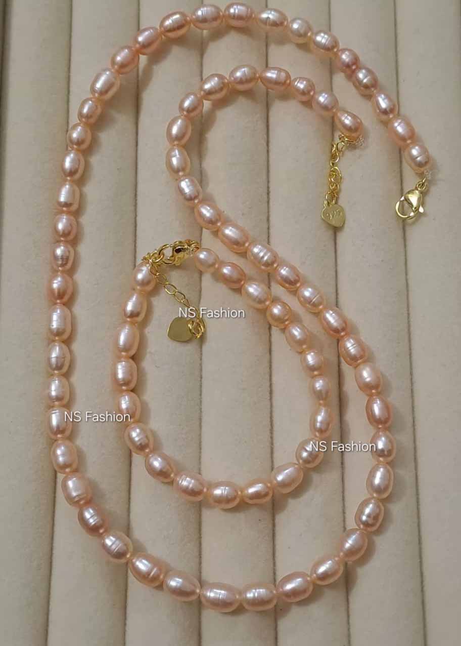 pink-color-genuine-rice-pearl -necklace-with-bracelet 6 mm Pink Color Genuine Rice Pearl Necklace with Bracelet - Image 1