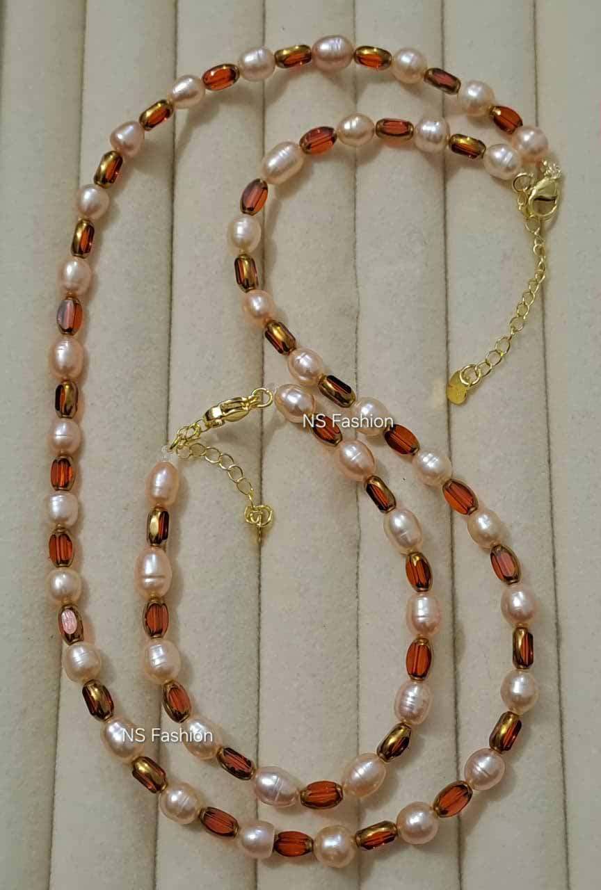 pink-color-rice-pearl-and-stone-necklace-set Pink Color Rice Pearl and Stone Necklace Set - Image 1