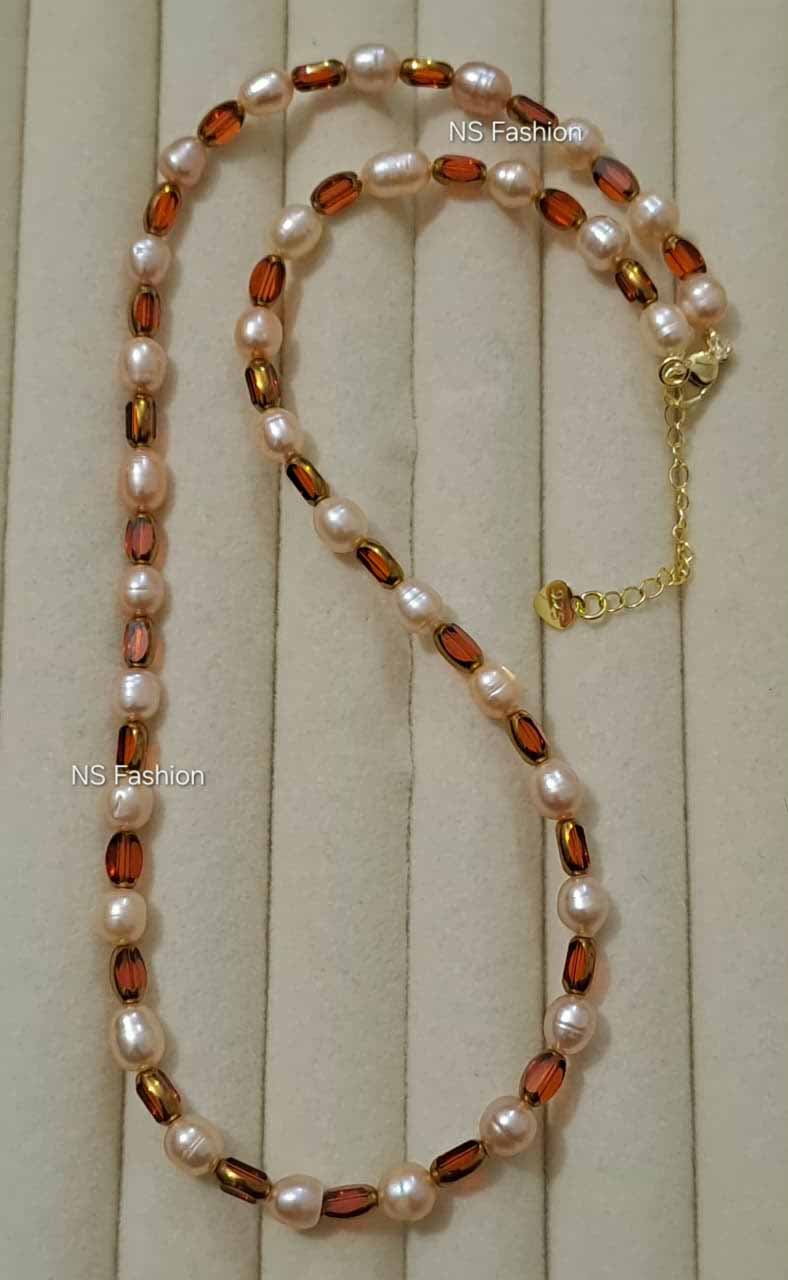 pink-color-rice-pearl-and-stone-necklace 100% Original Pink Color Rice Pearl and Stone Necklace - Image 1