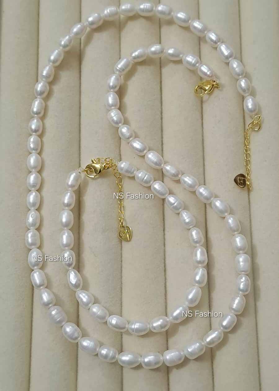 white-color-genuine-rice-pearl -necklace-with-bracelet 6 mm White Color Genuine Rice Pearl Necklace with Bracelet - Image 1