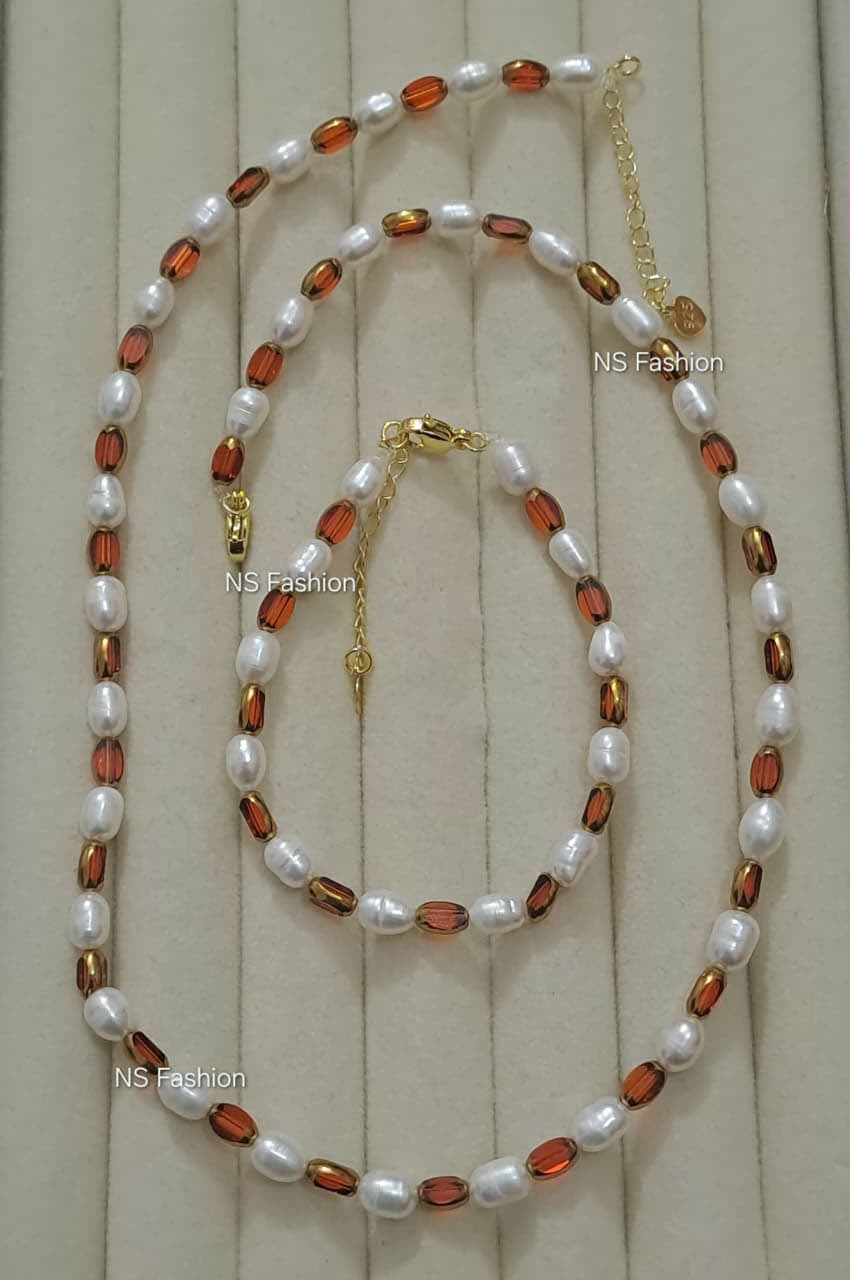 white-color-rice-pearl-and-stone-necklace-set White Color Rice Pearl and Stone Necklace Set - Image 1